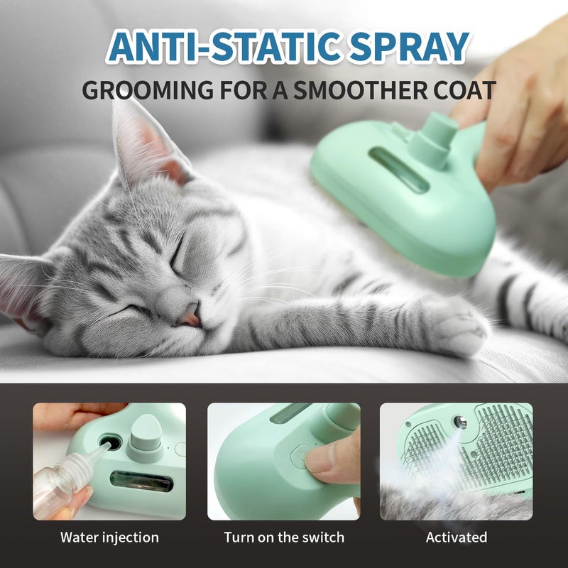 HeroKitty Steam Pet Brush for Shedding, 3 In 1 Self Cleaning Anti-Static Steamy Hair Brush, Reduces Loose Hair and Shedding for Long and Short Hair Pets Grooming, Green - Image 2